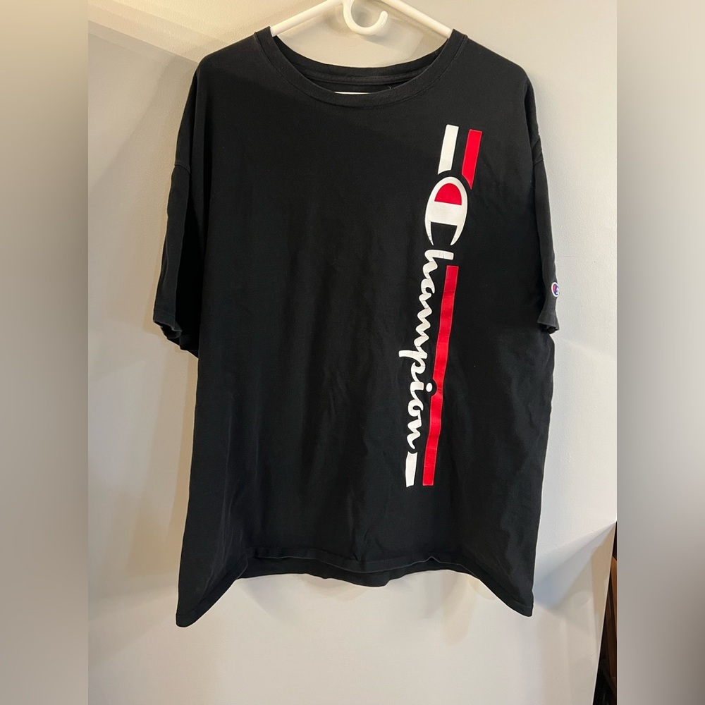 Champion Black Tee with White and Red Logo